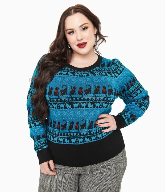 Plus Size 1950s Teal Snowflakes and Cats Sweater ClothingPlus Unique Vintage Sweaters and Cardigans
