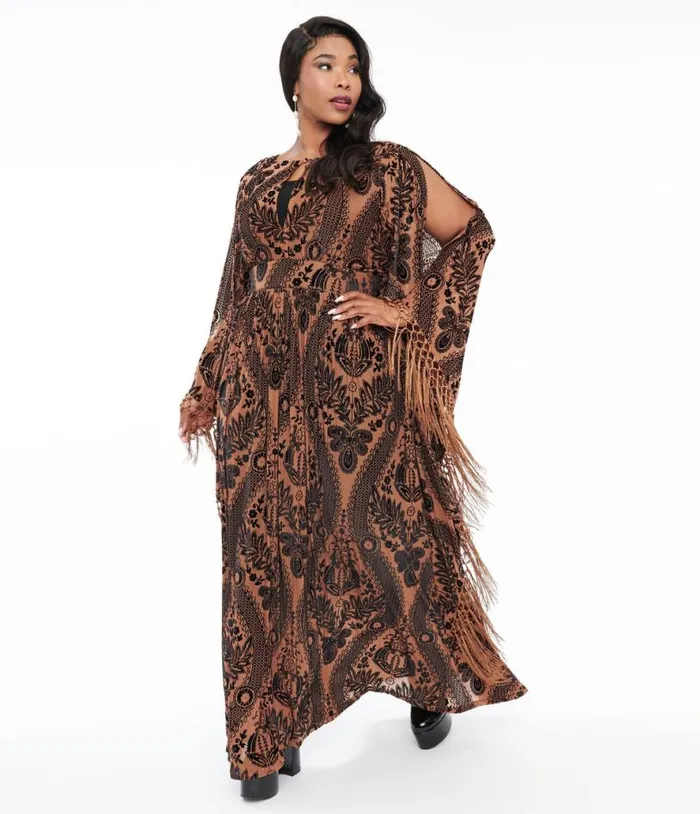 Plus Size 1960s Black and Nude Floral Fringe Flutter Sleeve Caftan DressesPlus Unique Vintage Caftans Plus Size 1960s Black and Nude Floral Fringe Flutter Sleeve Caftan DressesPlus Unique Vintage Caftans