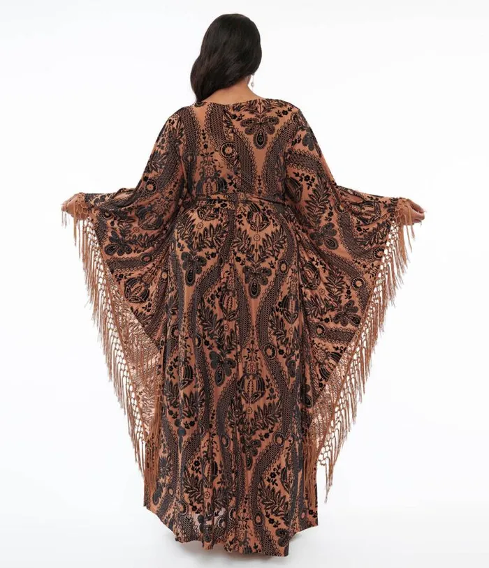 Plus Size 1960s Black and Nude Floral Fringe Flutter Sleeve Caftan DressesPlus Unique Vintage Caftans