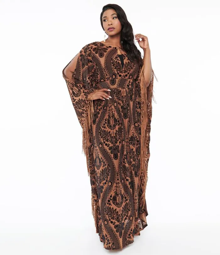 Plus Size 1960s Black and Nude Floral Fringe Flutter Sleeve Caftan DressesPlus Unique Vintage Caftans