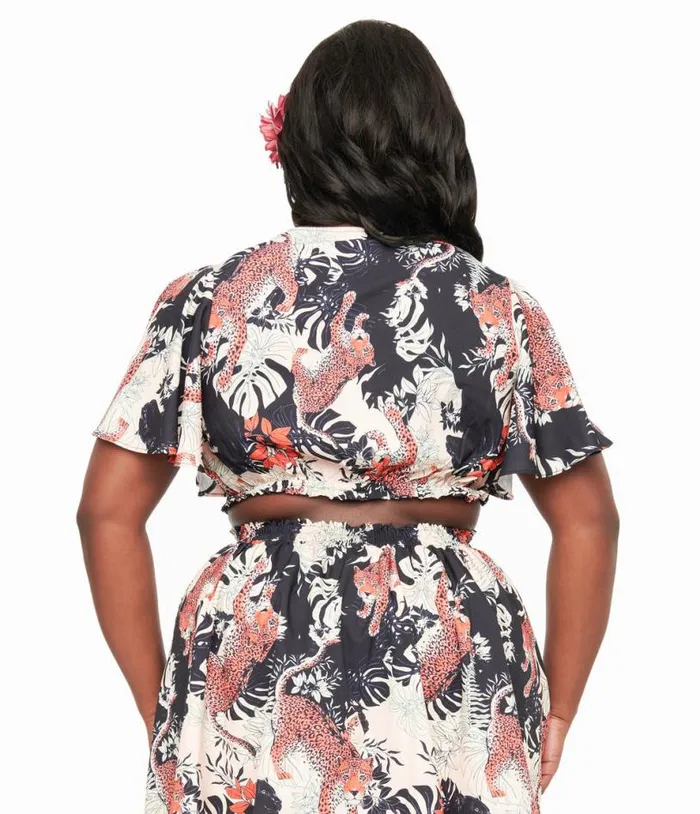 Plus Size 1960s Black Jungle Cat Print Dottie Crop Top ClothingPlus Unique Vintage Blouses