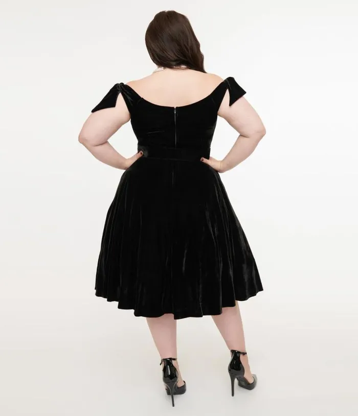 Plus Size 1960s Black Velvet Prairie Swing Dress DressesPlus Unique Vintage Pocket Dresses