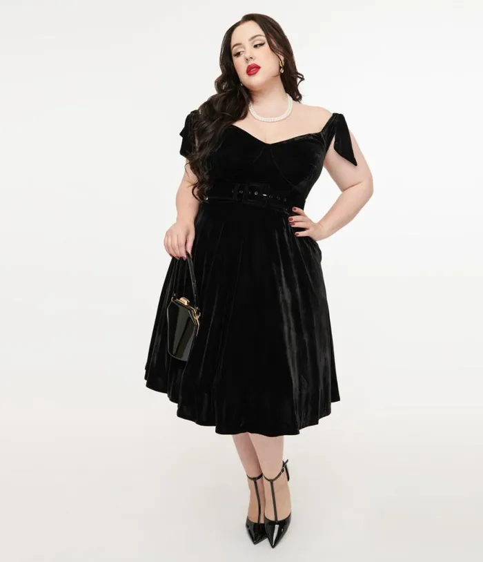 Plus Size 1960s Black Velvet Prairie Swing Dress DressesPlus Unique Vintage Pocket Dresses
