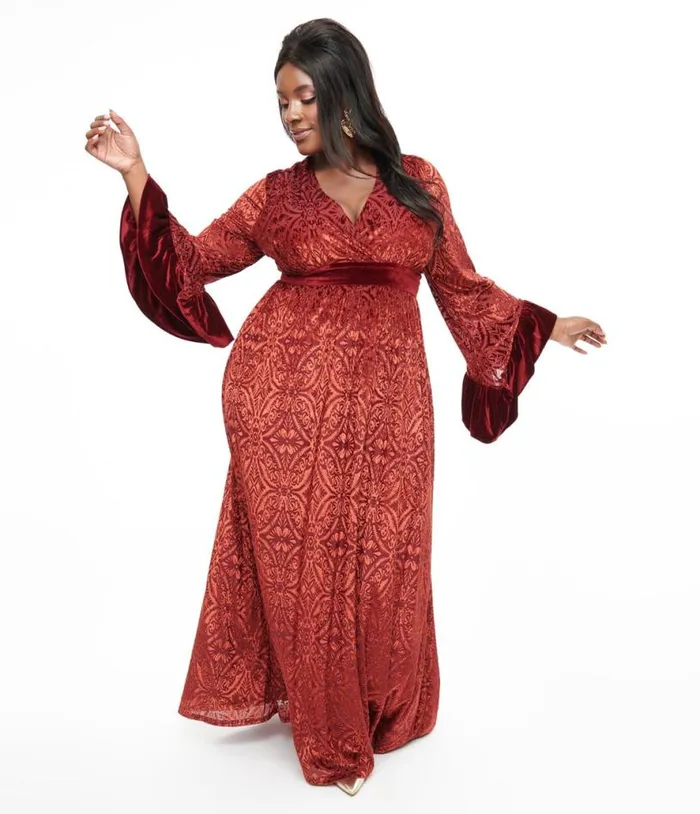 Plus Size 1960s Burgundy Velvet Burnout Maxi Dress DressesPlus Unique Vintage Midi and Maxi Plus Size 1960s Burgundy Velvet Burnout Maxi Dress DressesPlus Unique Vintage Midi and Maxi