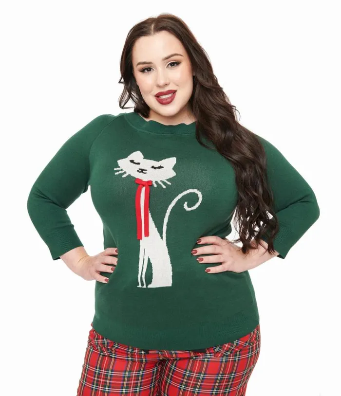 Plus Size 1960s Forest Green and Cream Cat Lorelai Sweater ClothingPlus Unique Vintage Sweaters and Cardigans