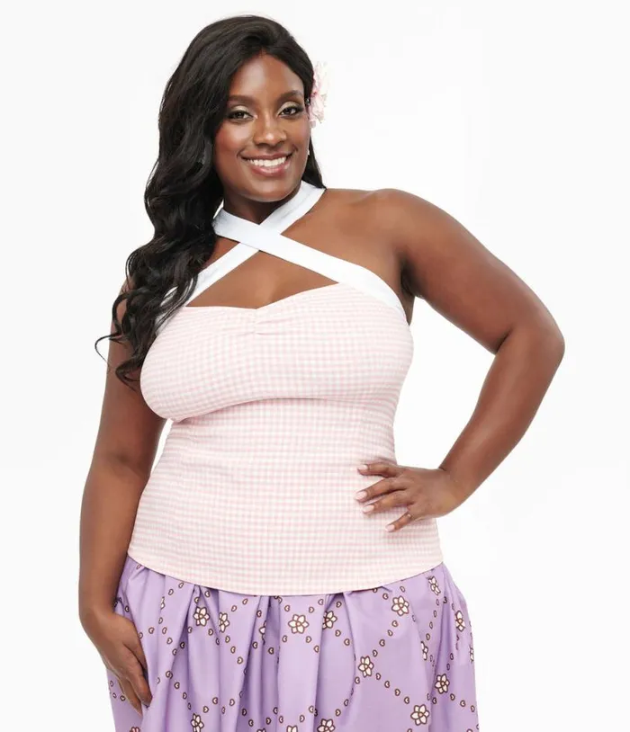 Plus Size 1960s Pink and White Gingham Porter Top ClothingPlus Unique Vintage Blouses
