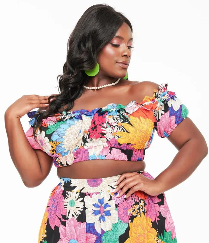 Plus Size 1970s Black and Pink Floral Off Ruffle Up Crop Top ClothingPlus Unique Vintage Blouses Plus Size 1970s Black and Pink Floral Off Ruffle Up Crop Top ClothingPlus Unique Vintage Blouses