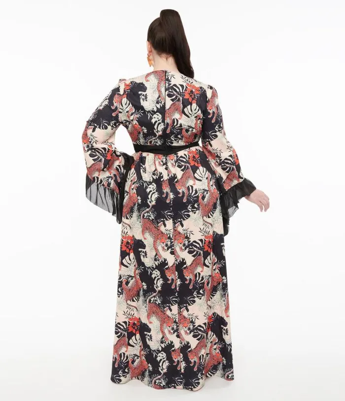 Plus Size 1970s Black Jungle Cat Print Maxi Dress DressesPlus Unique Vintage Midi and Maxi