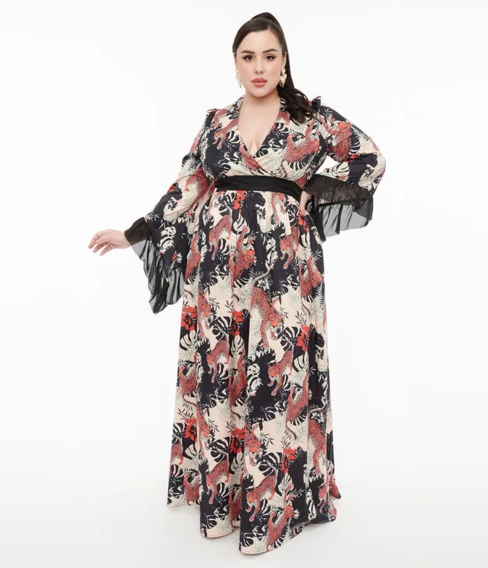 Plus Size 1970s Black Jungle Cat Print Maxi Dress DressesPlus Unique Vintage Midi and Maxi