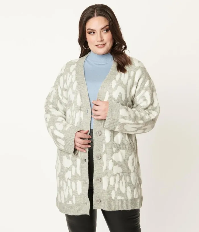 Plus Size 1970s Grey Leopard Print Long Cardigan Clothing Unique Vintage Sweaters and Cardigans