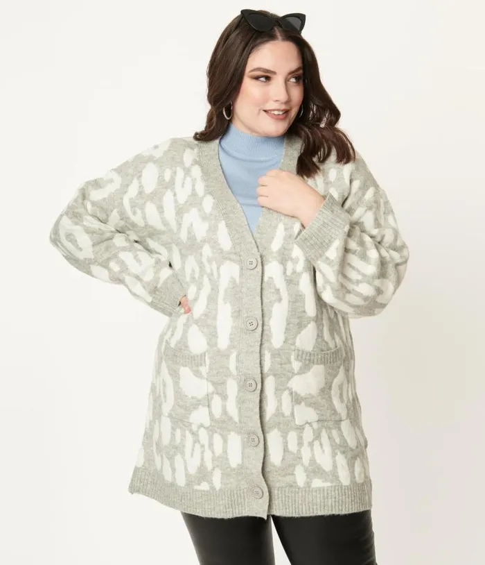 Plus Size 1970s Grey Leopard Print Long Cardigan Clothing Unique Vintage Sweaters and Cardigans