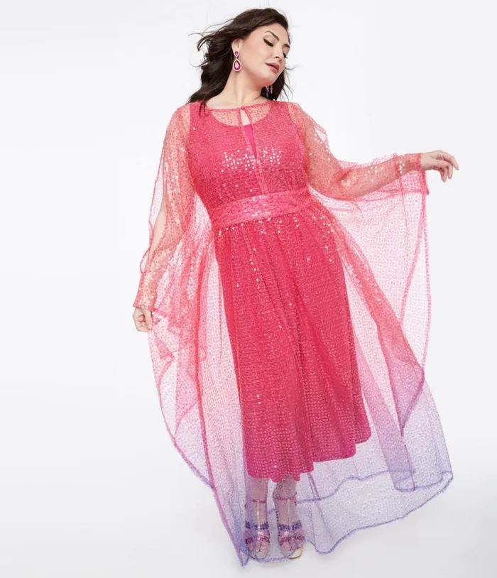 Plus Size 1970s Sheer Pink and Purple Ombre Sequin Flutter Sleeve Caftan DressesPlus Unique Vintage Midi and Maxi Plus Size 1970s Sheer Pink and Purple Ombre Sequin Flutter Sleeve Caftan DressesPlus Unique Vintage Midi and Maxi