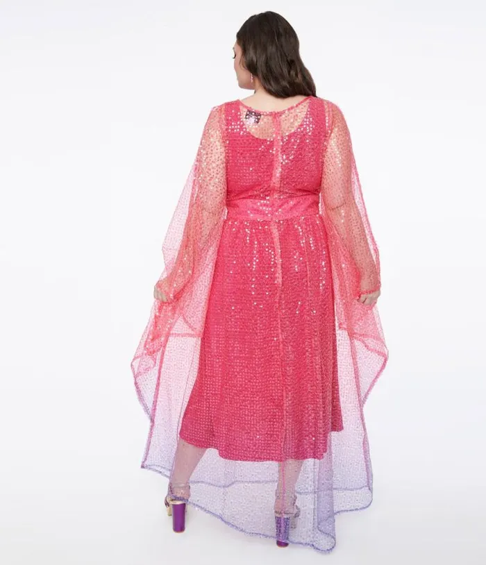Plus Size 1970s Sheer Pink and Purple Ombre Sequin Flutter Sleeve Caftan DressesPlus Unique Vintage Midi and Maxi