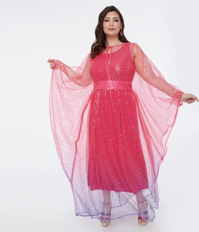 Plus Size 1970s Sheer Pink and Purple Ombre Sequin Flutter Sleeve Caftan DressesPlus Unique Vintage Midi and Maxi