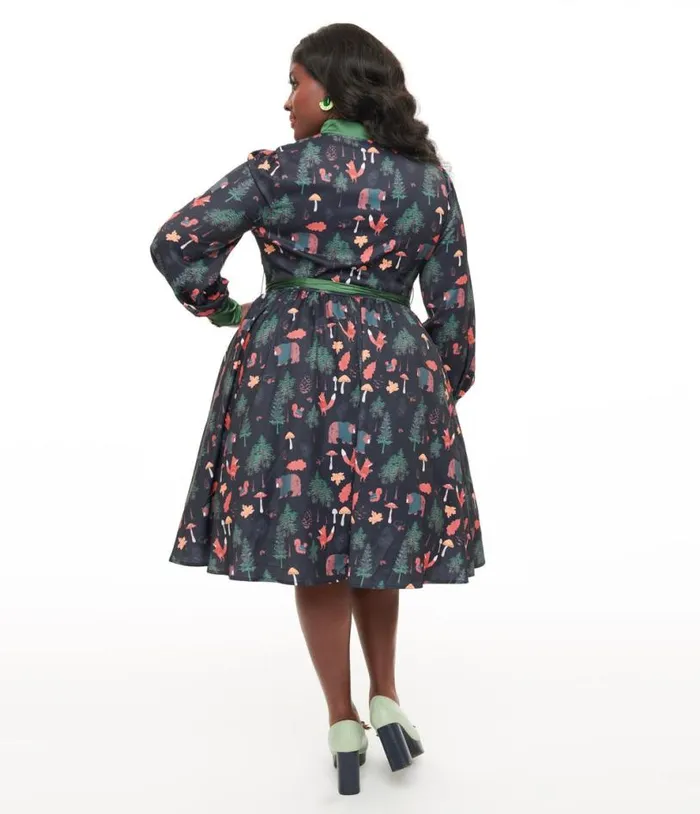 Plus Size 1970s Woodland Creature Print Shirt Dress Dresses Unique Vintage Midi