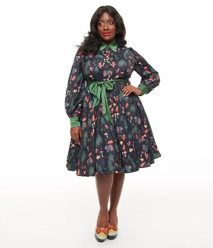 Plus Size 1970s Woodland Creature Print Shirt Dress Dresses Unique Vintage Midi