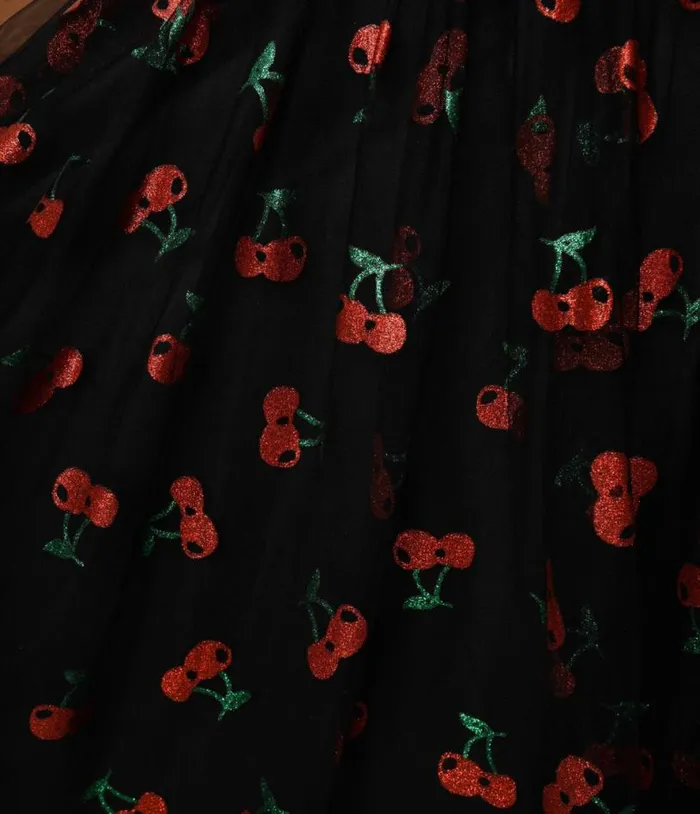 Plus Size Black and Glitter Cherry Print Heart and Soul Babydoll Dress DressesPlus Unique Vintage Babydoll