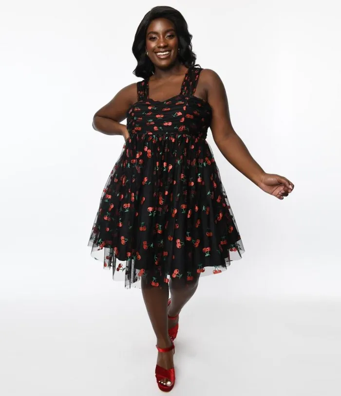 Plus Size Black and Glitter Cherry Print Heart and Soul Babydoll Dress DressesPlus Unique Vintage Babydoll