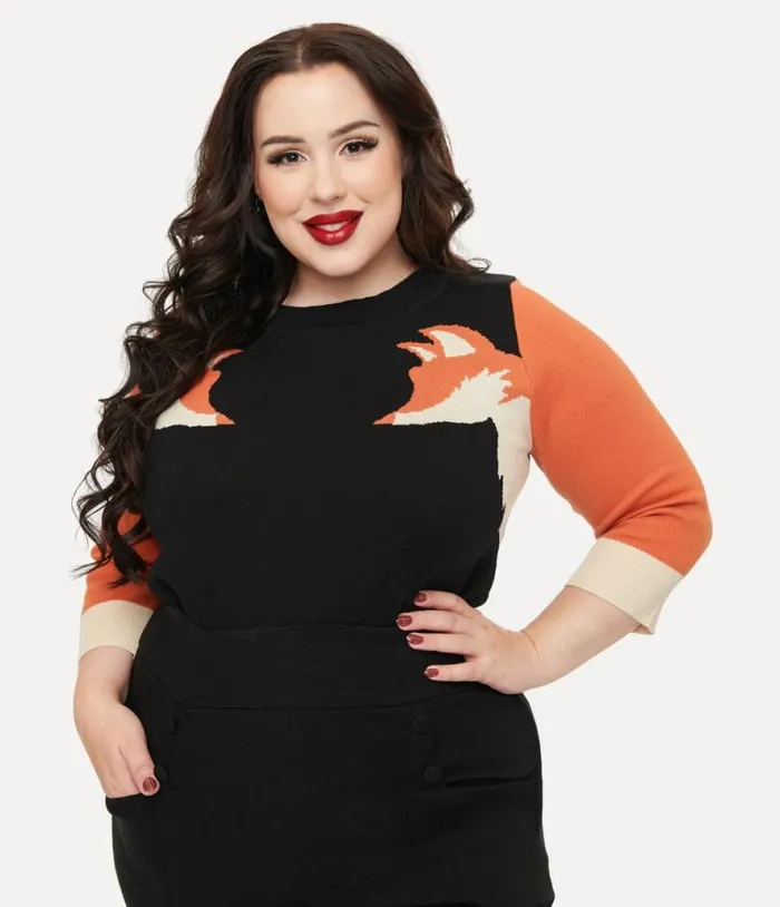 Plus Size Black and Orange Fox Sleeve Minou Sweater ClothingPlus Unique Vintage Sweaters and Cardigans Plus Size Black and Orange Fox Sleeve Minou Sweater ClothingPlus Unique Vintage Sweaters and Cardigans