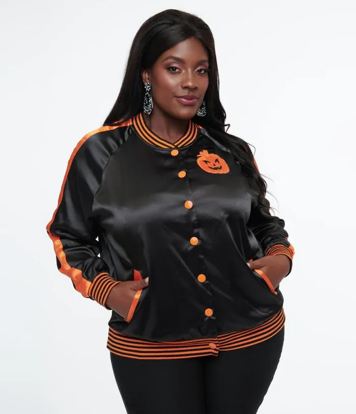 Plus Size Black and Orange Scream Queen Satin Bomber Jacket ClothingHalloweenPlus Unique Vintage Jackets Plus Size Black and Orange Scream Queen Satin Bomber Jacket ClothingHalloweenPlus Unique Vintage Jackets