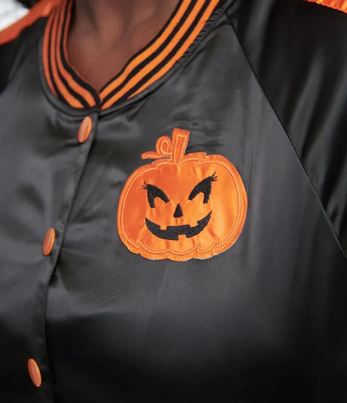 Plus Size Black and Orange Scream Queen Satin Bomber Jacket ClothingHalloweenPlus Unique Vintage Jackets