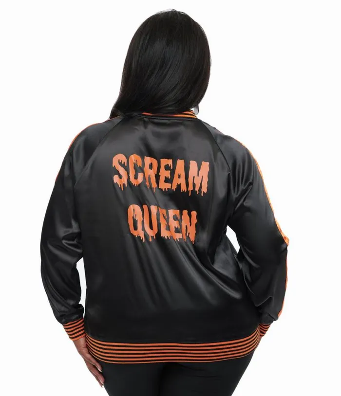 Plus Size Black and Orange Scream Queen Satin Bomber Jacket ClothingHalloweenPlus Unique Vintage Jackets