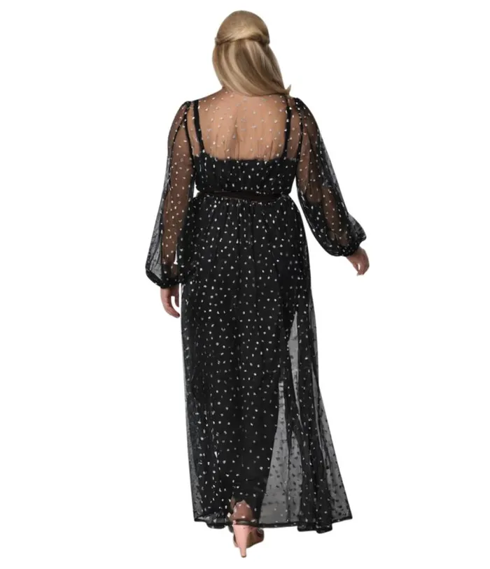 Plus Size Black and Pink Hearts Mesh Hollywood Duster DressesPlus Unique Vintage Midi and Maxi