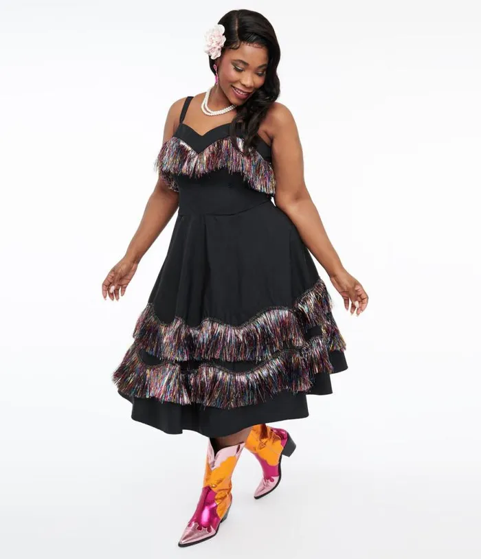 Plus Size Black and Rainbow Fringe Girlie Swing Dress DressesPlus Unique Vintage Swing Plus Size Black and Rainbow Fringe Girlie Swing Dress DressesPlus Unique Vintage Swing