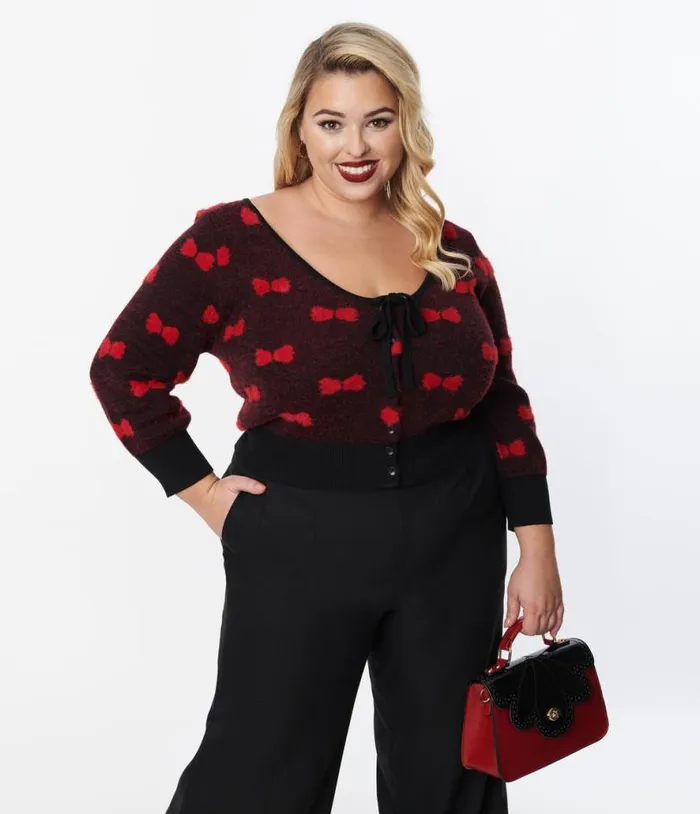 Plus Size Black and Red Bows Dandy Cardigan ClothingPlus Unique Vintage Sweaters and Cardigans Plus Size Black and Red Bows Dandy Cardigan ClothingPlus Unique Vintage Sweaters and Cardigans