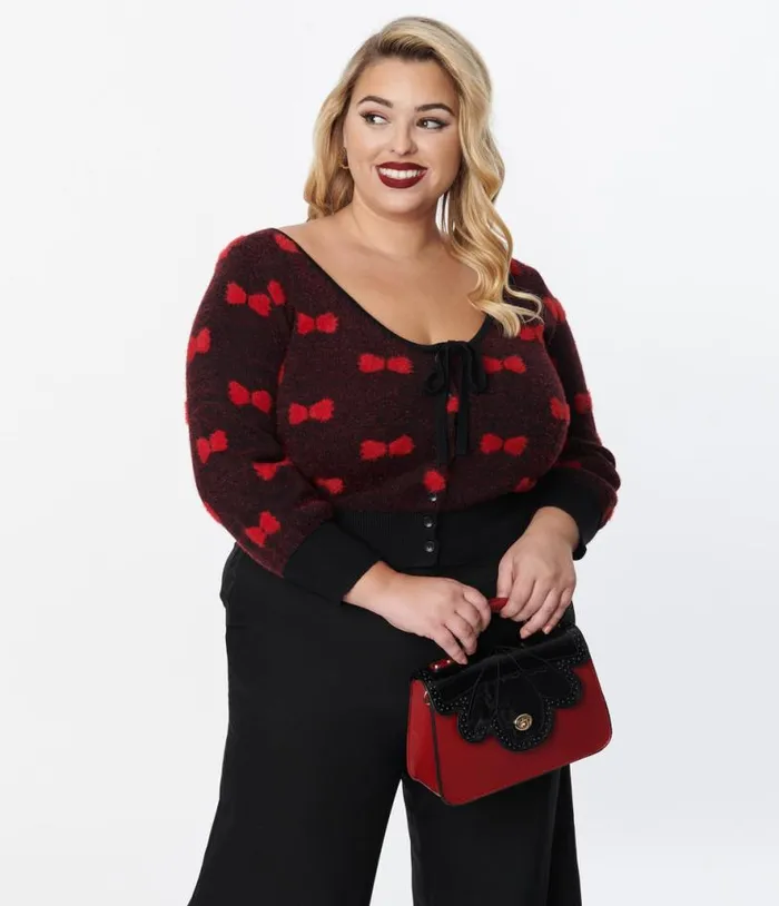 Plus Size Black and Red Bows Dandy Cardigan ClothingPlus Unique Vintage Sweaters and Cardigans