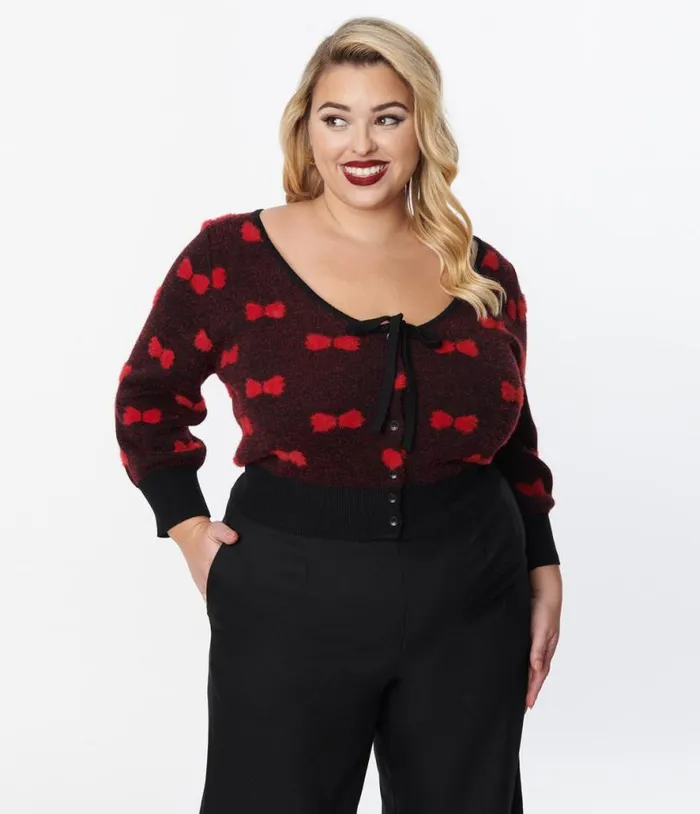 Plus Size Black and Red Bows Dandy Cardigan ClothingPlus Unique Vintage Sweaters and Cardigans
