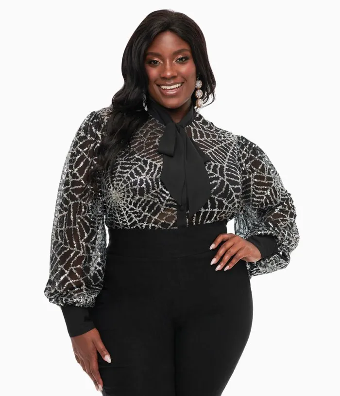 Plus Size Black and Silver Sequin Spiderweb Sheer Gwen Blouse ClothingHalloweenPlus Unique Vintage Tops Plus Size Black and Silver Sequin Spiderweb Sheer Gwen Blouse ClothingHalloweenPlus Unique Vintage Tops