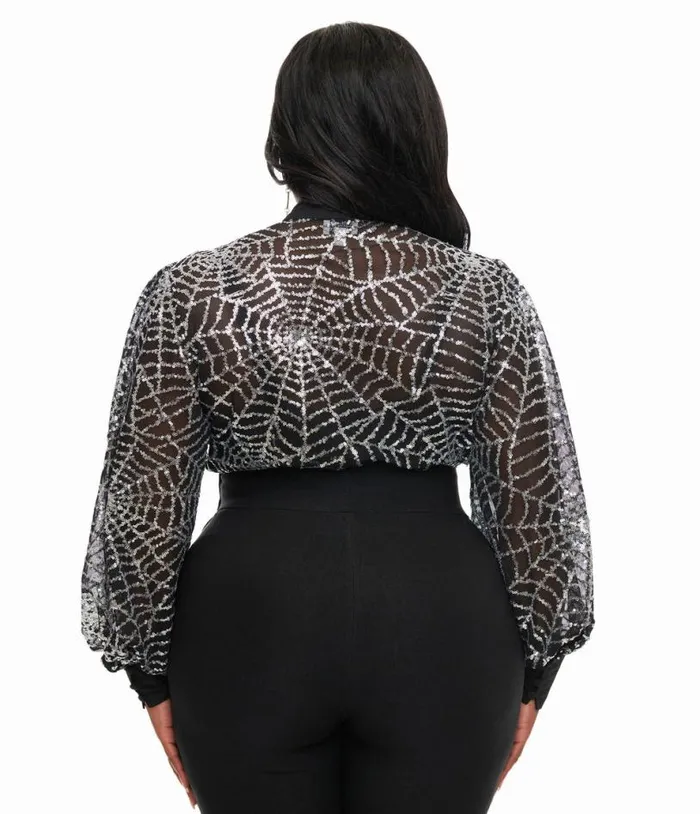 Plus Size Black and Silver Sequin Spiderweb Sheer Gwen Blouse ClothingHalloweenPlus Unique Vintage Tops