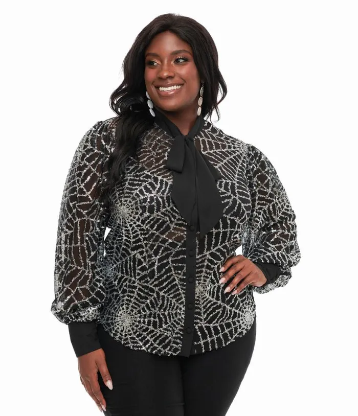 Plus Size Black and Silver Sequin Spiderweb Sheer Gwen Blouse ClothingHalloweenPlus Unique Vintage Tops