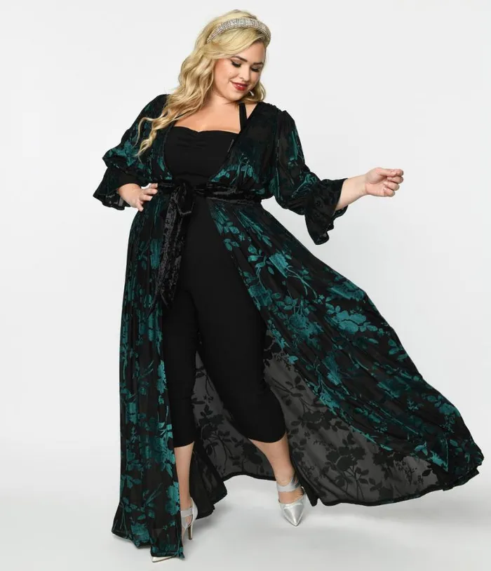 Plus Size Black and Teal Floral Velvet Burnout Duster DressesPlus Unique Vintage Midi and Maxi Plus Size Black and Teal Floral Velvet Burnout Duster DressesPlus Unique Vintage Midi and Maxi