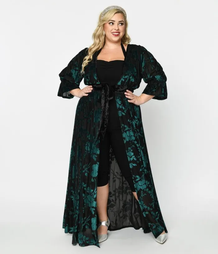 Plus Size Black and Teal Floral Velvet Burnout Duster DressesPlus Unique Vintage Midi and Maxi