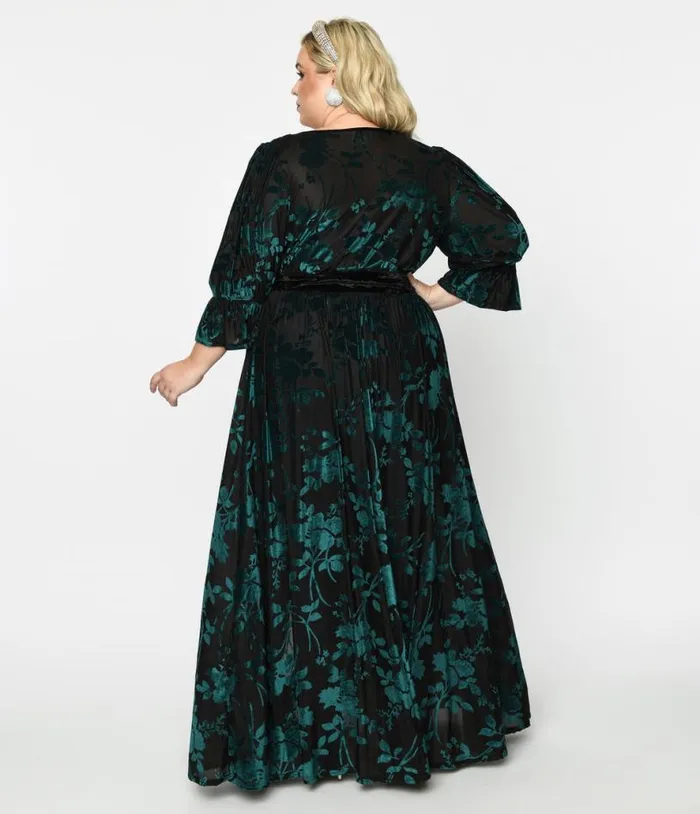 Plus Size Black and Teal Floral Velvet Burnout Duster DressesPlus Unique Vintage Midi and Maxi