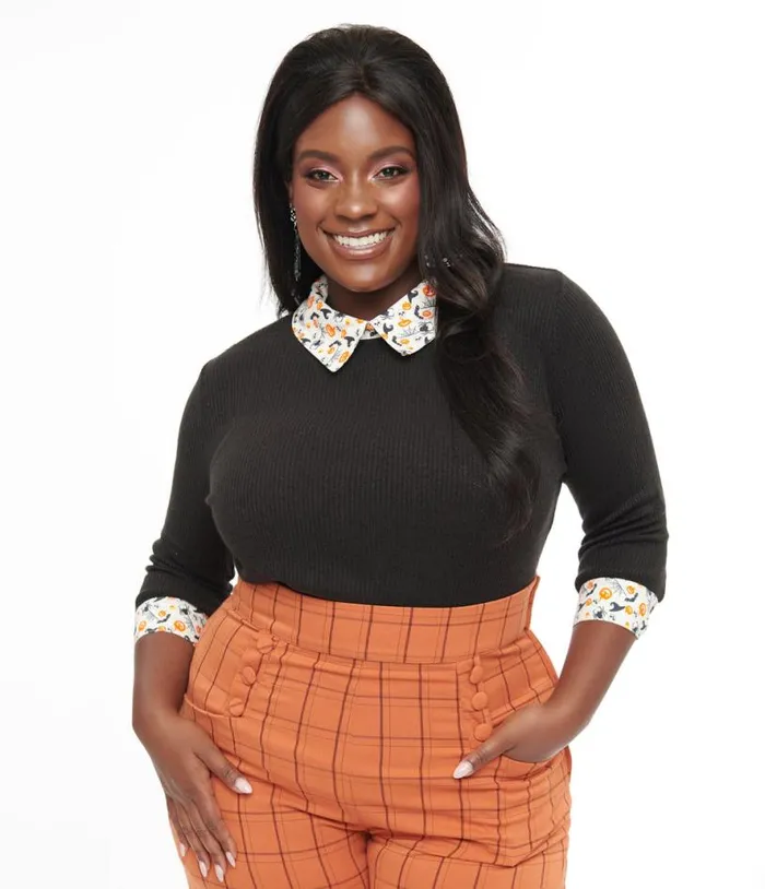 Plus Size Black and White Halloween Print Contrast Sabrina Sweater ClothingHalloweenPlus Unique Vintage Sweaters and Cardigans Plus Size Black and White Halloween Print Contrast Sabrina Sweater ClothingHalloweenPlus Unique Vintage Sweaters and Cardigans