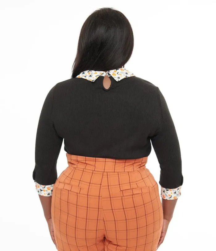 Plus Size Black and White Halloween Print Contrast Sabrina Sweater ClothingHalloweenPlus Unique Vintage Sweaters and Cardigans