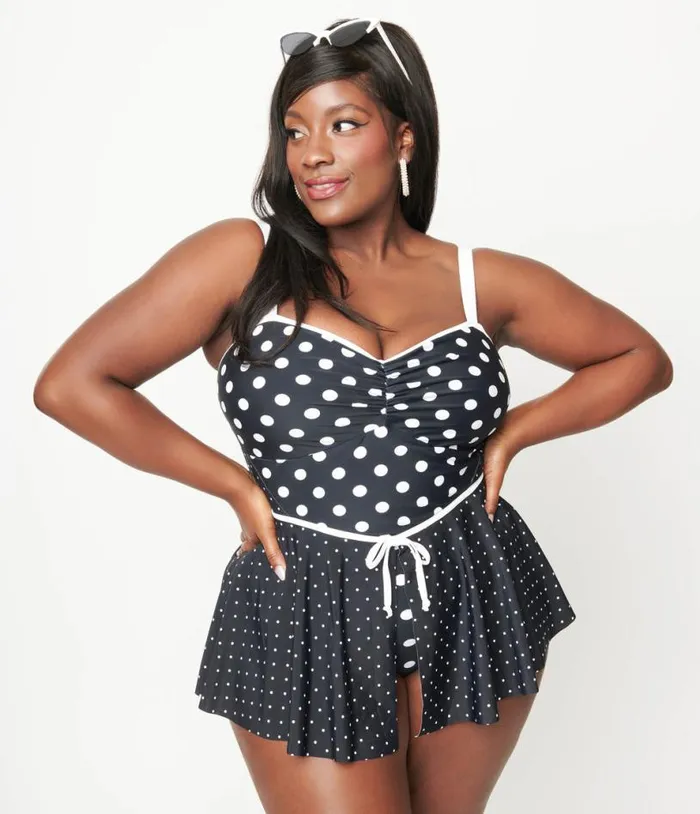 Plus Size Black and White Polka Dot Skirted Swimsuit Plus Unique Vintage One Piece Swim Plus Size Black and White Polka Dot Skirted Swimsuit Plus Unique Vintage One Piece Swim