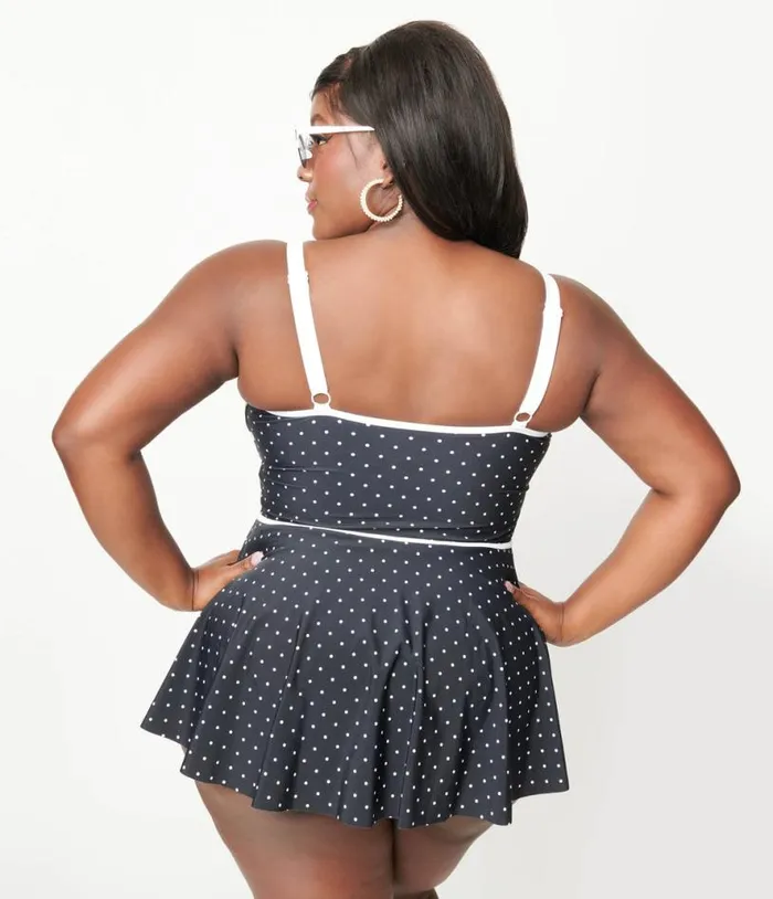 Plus Size Black and White Polka Dot Skirted Swimsuit Plus Unique Vintage One Piece Swim
