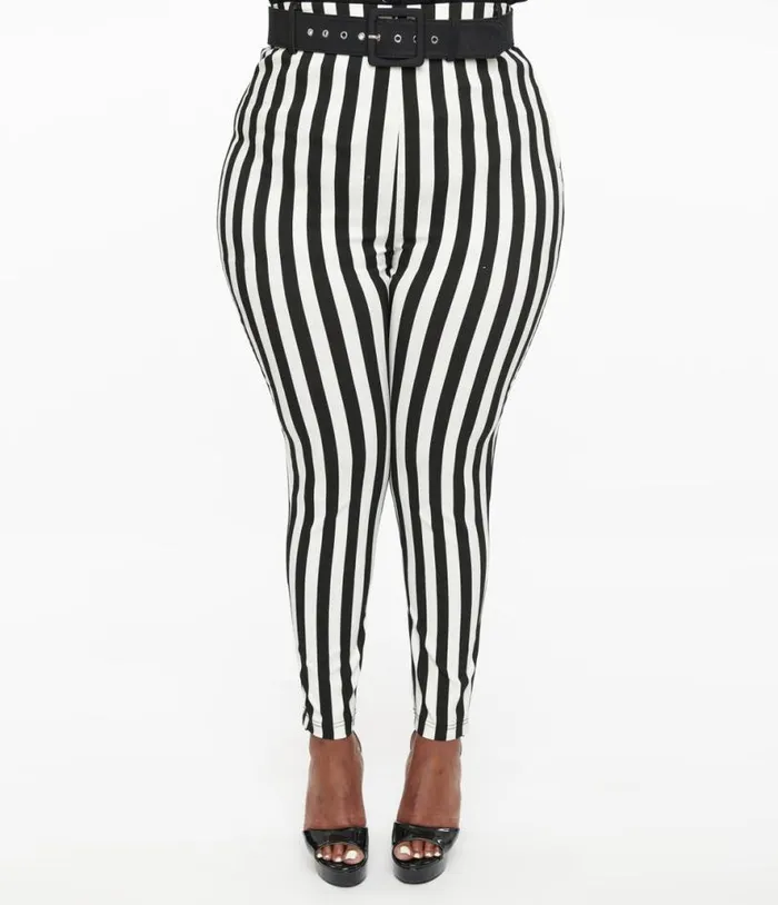 Plus Size Black and White Stripe Belted Rizzo Cigarette Pants ClothingPlus Unique Vintage Pants