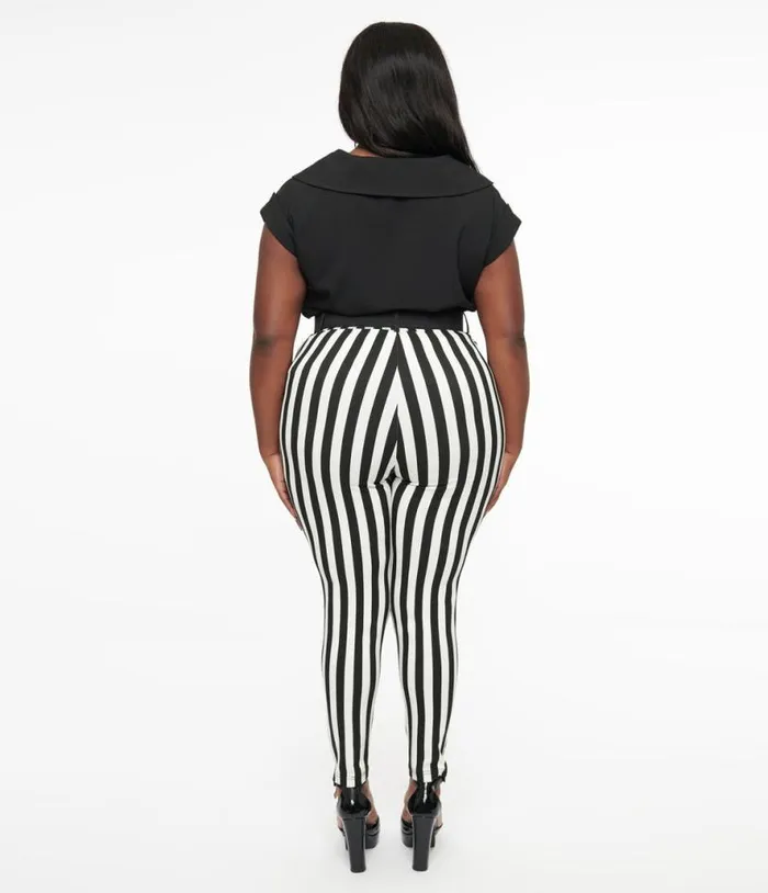 Plus Size Black and White Stripe Belted Rizzo Cigarette Pants ClothingPlus Unique Vintage Pants