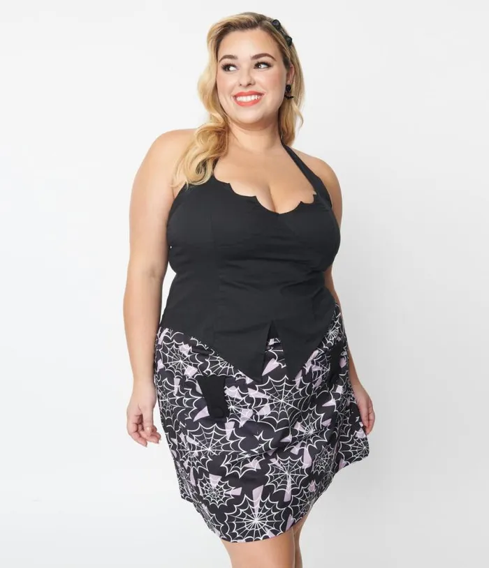 Plus Size Black Bat Halter Crop Top Halloween Unique Vintage Tops