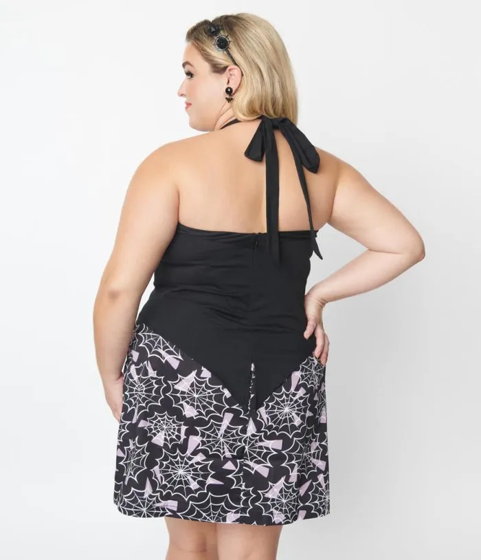 Plus Size Black Bat Halter Crop Top Halloween Unique Vintage Tops