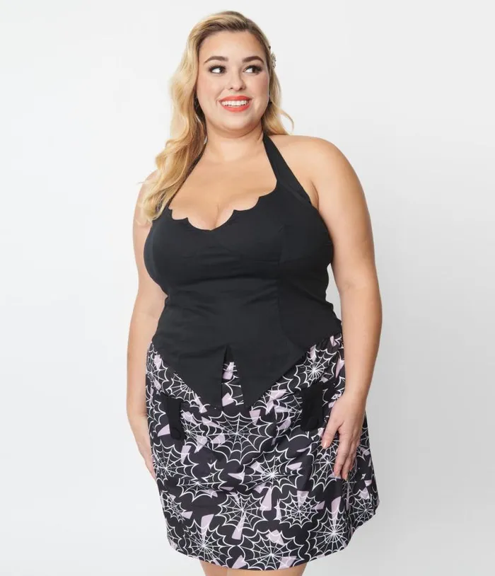 Plus Size Black Bat Halter Crop Top Halloween Unique Vintage Tops