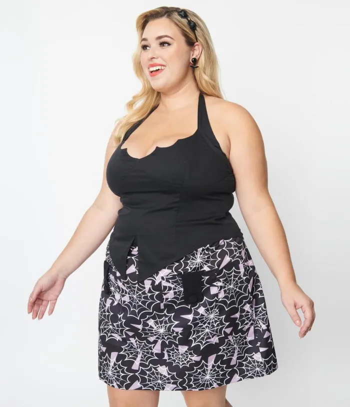 Plus Size Black Bat Halter Crop Top Halloween Unique Vintage Tops