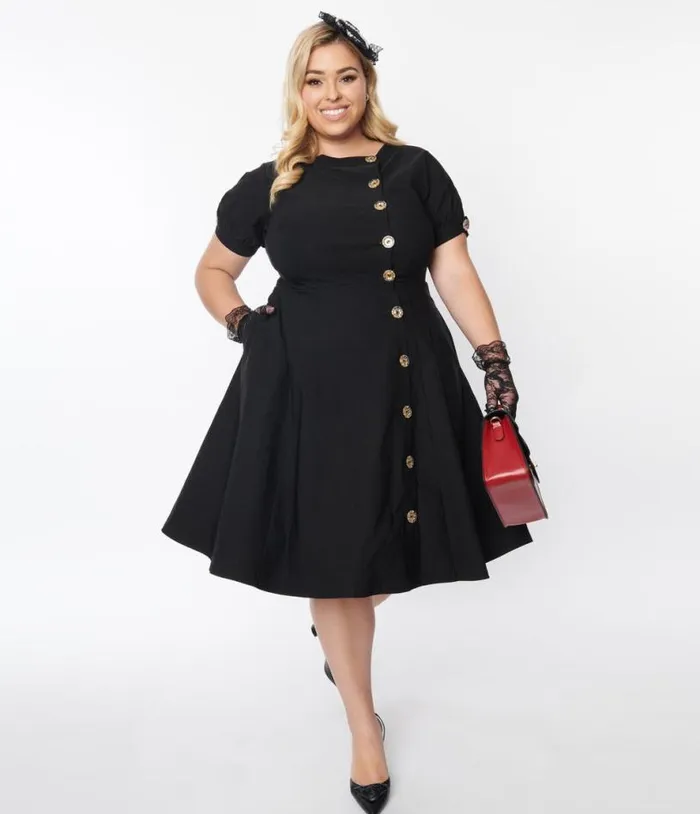 Plus Size Black Button Swing Dress DressesPlus Unique Vintage Pocket Dresses