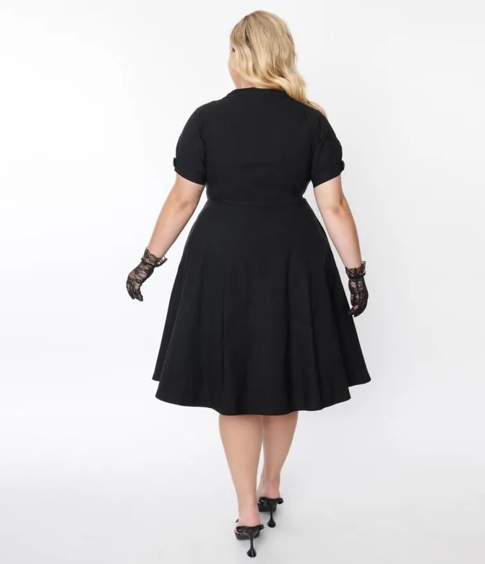 Plus Size Black Button Swing Dress DressesPlus Unique Vintage Pocket Dresses