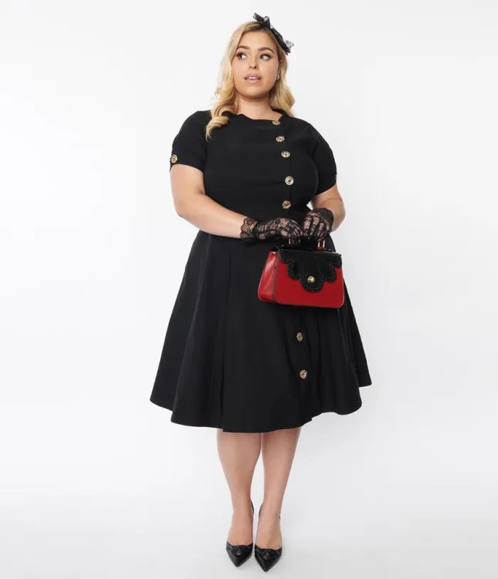 Plus Size Black Button Swing Dress DressesPlus Unique Vintage Pocket Dresses